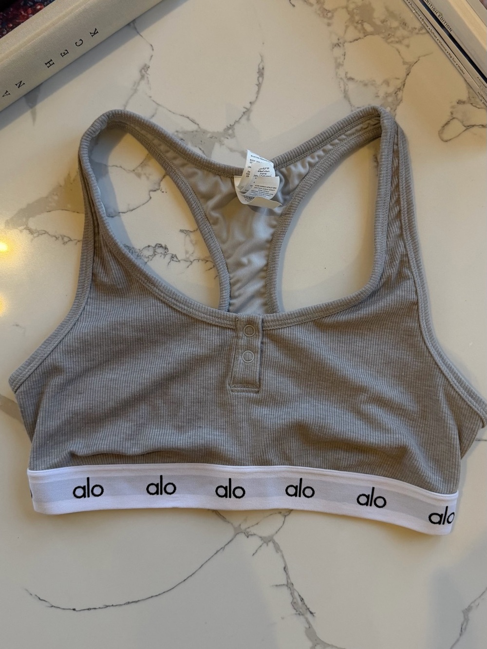 ALO Yoga Gray Icon Ribbed Henley Bra - Athletic Heather Grey size Medium